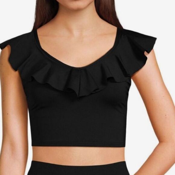 Land's End chlorine resistant ruffle V-neck midi tankini swimsuit top black 14 - Picture 1 of 1